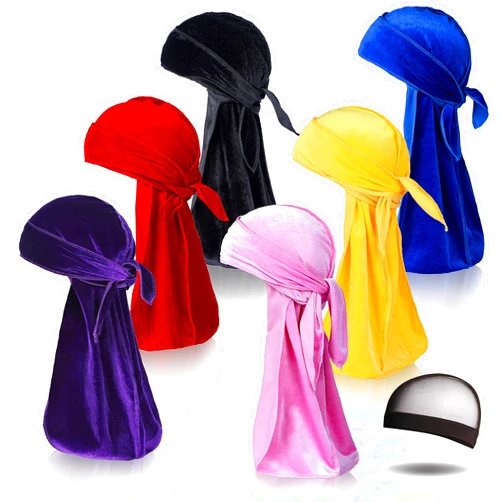 LEADUWAY 6Pcs Velvet Durag with 1 Wave Cap for 360 Waves Doo Rag(Purple, Red, Black, Pink, Yellow, Blue)
