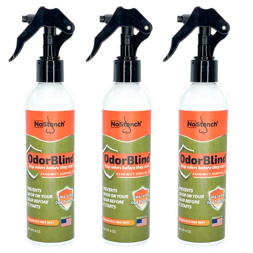 NoStench OdorBlind Proximity Hunting Spray | Unscented Hunting Spray for Odors | Stop Odors Before They Start | for Hunting Accessories, Clothes, & Gear | 8oz Fine Mist Spray Bottle | 3 Pack