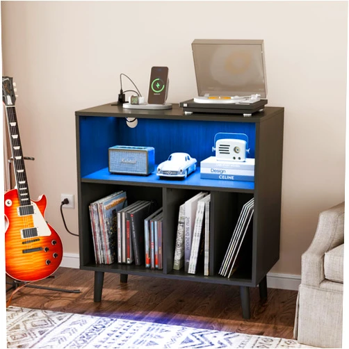 VINGLI Record Player Stand with Open Vinyl Storage, Mid-Century Album Storage Table with LED Light up to 300 Albums, Vinyl Record Player Shelf with Power Outlet for Living Room, Black