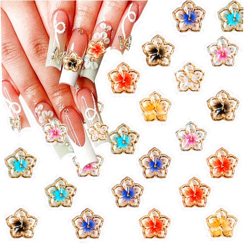 NEWSPIED 60Pcs Flower Nail Charms 3D Lovely Floral Art Charms Gold Edge Resin Jewelry for Acrylic Nails Spring Cherry Blossoms Petals Gems for Women Girls DIY Craft Decorations