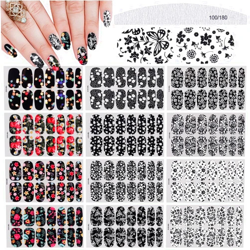 EBANKU 12 Sheets Black White Full Wraps Nail Stickers, Flower Butterfly Retro Pattern Decals French Classic Simple Self Adhesive Decals, for Girl Women Nails Art DIY Decoration