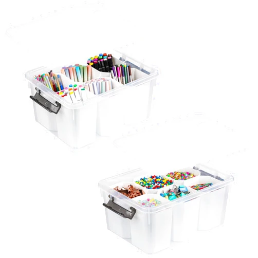 Tiawudi 2 Pack 17 QT Plastic Storage Containers with Lid, Art Supply Storage Organizer with 6 Detachable Inserts, Clear Stackable Storage Box for Craft, Lego, Crayon, Sewing, Bead and Tool