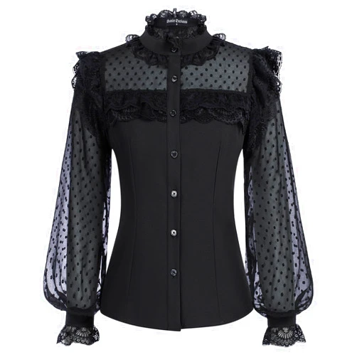 Scarlet Darkness Women's Victorian Lace Tops Polka Dot Button Down Long Sleeve Shirt
