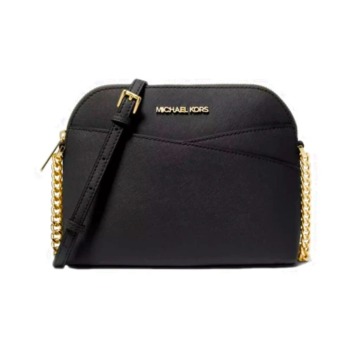 Michael Kors Womens Dome Jet Set Medium Crossbody Leather Handbag (Black/Gold)