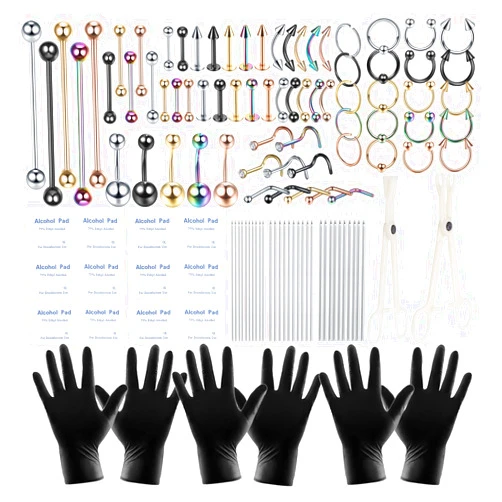 ChiMunllin 120PCS Body Piercing Kit Surgical Steel 14G 16G 20G BCR CBR Labret Lip Rings Cartilage Daith Earrings Nose Septum Nose Studs Belly Button Rings Piercing Jewelry Needles Gloves Clamps Tools
