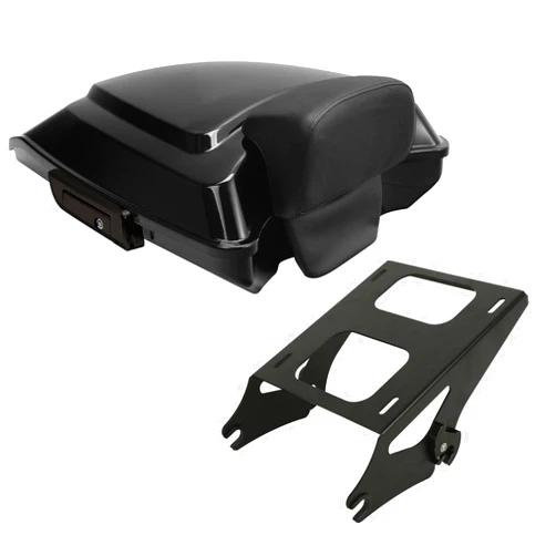 XMT-MOTO Razor Tour pack+Backrest Pad+Black Luggage rack for Harley Touring Road King, Road Glide, Street Glide, Electra Glide, Ultra-Classic 2014-2023,NEW Vivid Black Razor Trunk w/Chrome Latch