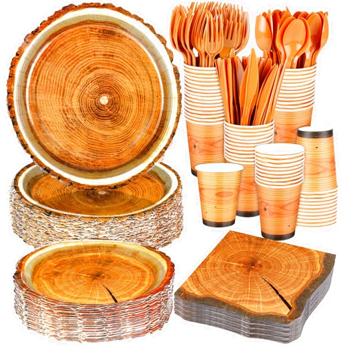 durony 350 Pieces Camping Wood Grain Slice Tableware Set Rustic Camo Hunter Plates Napkins Cups Cutlery Hunting Birthday Party Decorations Lumberjack Dinner Camping Party Decorations Serve 50 Guests