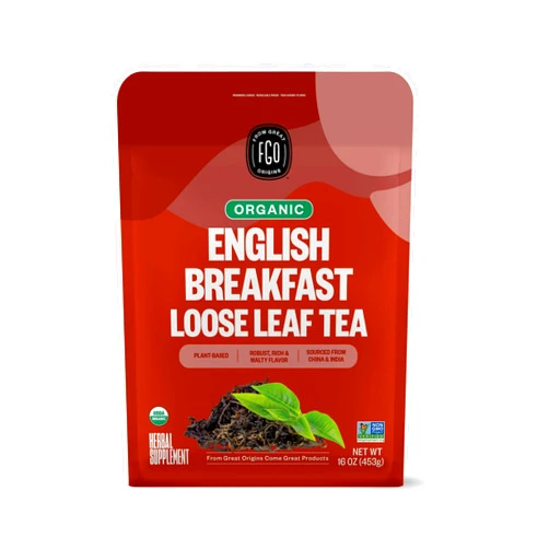FGO Organic English Breakfast Loose Leaf Tea, Resealable Kraft Bag, 16oz, Packaging May Vary (Pack of 1)