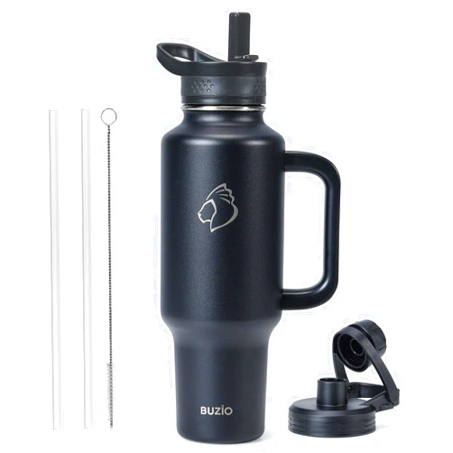 BUZIO 40oz Insulated Water Bottle Fits in Any Car Cup Holders, BUZIO 40oz Double Wall Insulated Tumbler with Handle and Straw, Leakproof Travel Tumbler Mug, Keeps Cold for 48 Hrs, Hot for 24 Hrs, Black