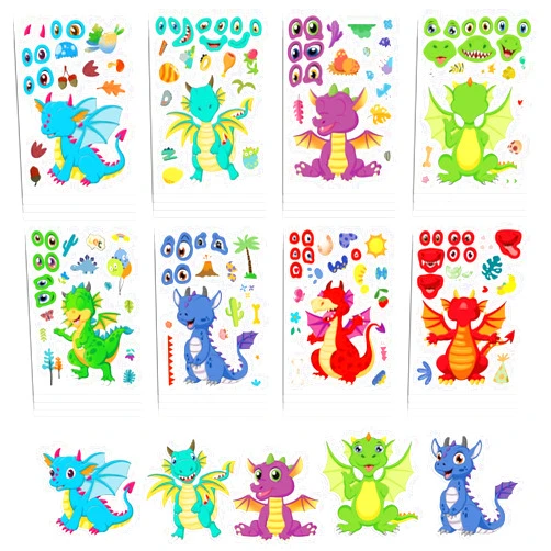 ZUIYIJIANGNAN 24 Sheets Dragon Stickers Make a Face Dragon Sticker Sheets Mix and Match for Kids Dragon Party Favors Supplies Birthday Gifts Make Your Own Stickers for Kids Teens Party Decoration (Dragon Stickers)