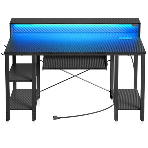 Rolanstar Computer Desk with LED Lights & Power Outlets, 54” Gaming Desk with Storage Shelves, Home Office Desk with Keyboard Tray & Monitor Stand, with Hooks, Carbon Fiber Surface Black