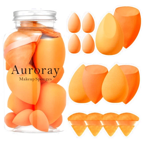 Auroray 14 Pcs Makeup Sponge Set,Beauty Sponges Blender with 4 Pcs Powder Puff and 4 Pcs Mini Make up Sponges Birthday Gift,Mother's Day Gift for Women Liquid,Foundation,Powder,Concealer,Cream(Orange)
