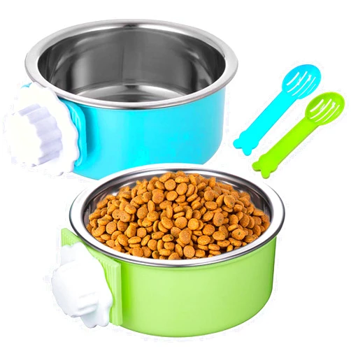 Hamiledyi Crate Dog Bowls Removable Hanging Stainless Steel Water Food Feeder Pet Cage Coop Cup with 2 food Scoops for Kitten, Puppy, Birds, Rats, Guinea Pigs - 2 Pcs