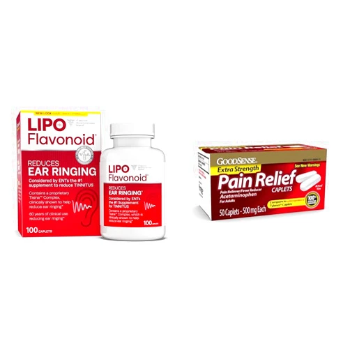 Lipo-Flavonoid Tinnitus Relief Ear Health Vitamins 100 Caplets & GoodSense Extra Strength Acetaminophen Caplets 500mg 50 Count