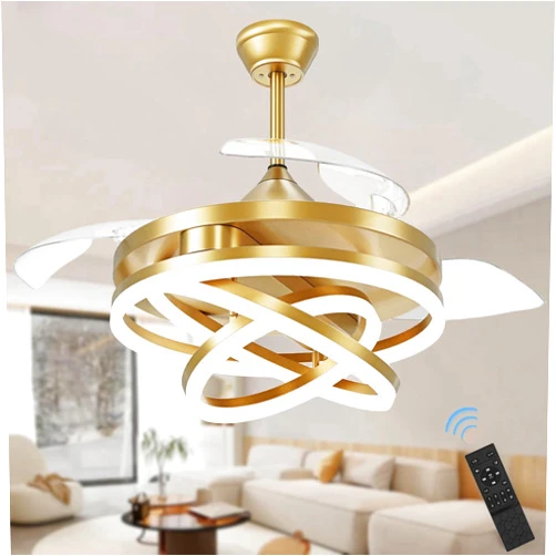 TXCSLY Retractable Ceiling Fan, 42 Inch Chandelier Ceiling Fan with Light, Modern Fandelier Ceiling Fan for Bedroom Living Room Dinning Room, Reverse Motor, 3 Color, 6 Wind Speed, Gold