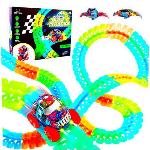 USA Toyz Zero-G Glow Race Track for Kids- 150pcs Glow in the Dark Flexible Race Car Track Set with Suction Cups, Slot Car, 2 Graffiti Toy Cars Shells, STEM Toy LED Car Tracks for Boys and Girls Age 3+