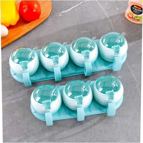 FWEHIO Kitchen Seasoning Box Spice Jar Set Container 3/4 Pack Condiment Cruet with Cover and Serving Spoon for Kitchen Storage (Blue, Grid 4)