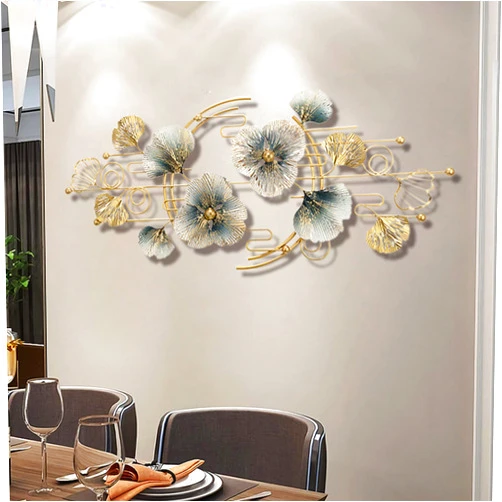 Ainydie Modern Metal Wall Decor, Metal Ginkgo Leaf and Flower Wall-Mounted Sculpture, Handmade Wall Ornament for Living Room Bedroom Office Gift, 150x67cm