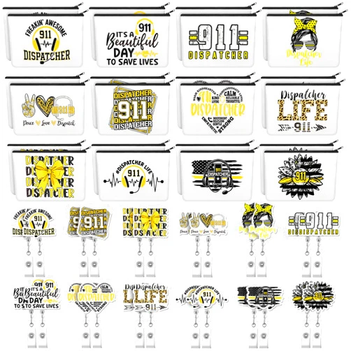 Suncalla 24 Set 911 Dispatcher Appreciation Gifts Bulk Gift Emergency Services Makeup Bags and Badge Reels for 911 Operator Telecom Week Gift Woman First Responder Emergency Worker Police