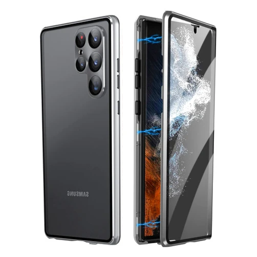 LUWAY Lockable Magnetic Case Glass Case for Samsung Galaxy S23 Ultra/S23 Plus/S23 Safety Lock 360 Full Body Double Sided Glass Bumper Case Clear Cover,Silver,for S23 Ultra