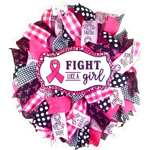 Handmade Breast Cancer Awareness Support Wreath Pink and Black Ribbon Hope Strength Love Survivor Fighter Door Decoration October