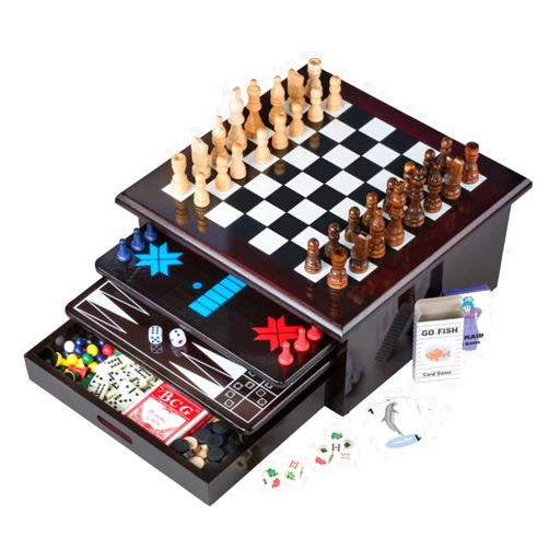 Etna Board Game Set - Deluxe 15 in 1 Tabletop Wood-accented Game Center with Storage Drawer (Checkers, Chess, Chinese Checkers, Parcheesi, TicTacToe, SOlitaire, Snakes and Ladders, Mancala, Backgammon, Poker Dice, Playing Cards, Go Fish, Old Maid, and Dominos)