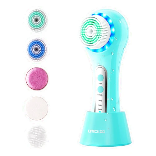 Umickoo Face Scrubber Exfoliator,Facial Cleansing Brush Rechargeable IPX7 Waterproof with 5 Brush Heads,Electric Face Spin Brush for Exfoliating, Massaging and Deep Cleansing (Blue+White)