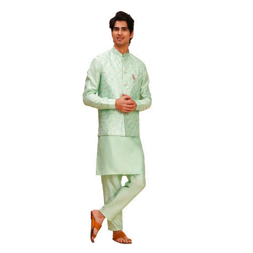 Pro-Ethic Style Developer Men's Cuffed Sleeves Silk Kurta and Trouser Set with Waistcoat (Nehru Jacket) (C-119)