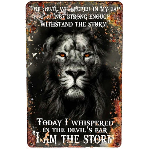 Curteny Metal Vintage Tin Sign Decor Lion Poster The Devil Whispered in My Ear - I Am The Storm Wall Art Home Decor Pub,Club,Bar,Restaurant,Coffee bar, Vintage Art Wall Poster Plaque Decor 5.5x8 Inch