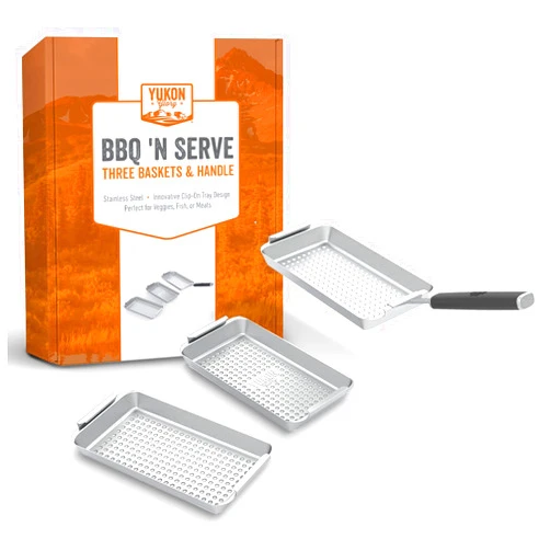Yukon Glory™ BBQ 'N SERVE Grill Basket Set - Includes 3 Grilling Baskets & Clip-on Handle - Revolutionary Patent Pending Grill to Table Design Perfect Grill Pan For Grilling Fish Veggies & Meats