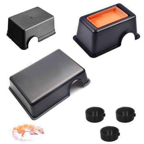 Lucky Interests 3 pcs Reptile Hide Box, Reptile Cave with Water Supply, Reptile and Amphibians Hide Hideout Houses for Lizard Turtle Gecko Chameleon Spider Scorpion with 3 Reptile Food Bowl (S, M, XL)