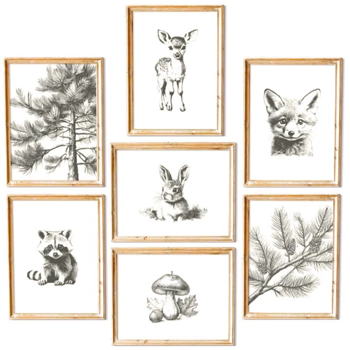 Pouydmi Nursery Wall Art Woodland Animal Canvas Wall Decor Baby Room Pictures Forest Animal Prints Kids Wall Art Pine Tree Poster Nature Vintage Artwork Deer Fox Painting for Bedroom 12x16x7 Inch Unframed