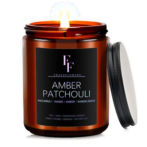FF FRAGRFLOWING Amber Patchouli Scented Candles,Candles for Home Scented Aromatherapy Candles,Soy Wax Candle Gift for Women Men Amber Jar Candle, 7oz
