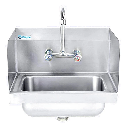 Chingoo Stainless Steel Sink with Faucet, Side Splash and Backspash, Commercial Wall Mount Hand Sink for Restaurant, Kitchen and Home, 17 x 15 Inches