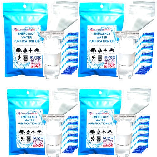 Colonial Depot Emergency Water Purification Tablets, Aquatabs 200 pk Water Purifying Tablets, 4pk Whirl-Pak Water Bags, 8X Prefilters for Debris Filtration, Survival Kits for Disaster Preparedness (4)