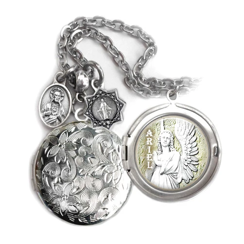 Handmade Archangel Ariel Locket Necklace, Patron Saint of Prosperity and Abundance, Italian Charms