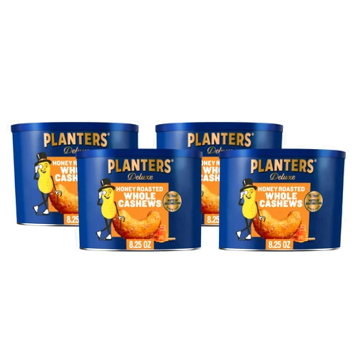 PLANTERS Deluxe Honey Roasted Whole Cashews, Sweet and Salty Snacks, 8.25oz (1 Canister) (Pack of 4)