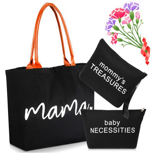 Sanwuta 3 Pcs Mommy Bag for Hospital Diaper Bag Tote Mom Hospital Bag for Labor and Delivery Black Canvas Tote Bag Pouch Mom Diaper Bag for Mother's Day Gift
