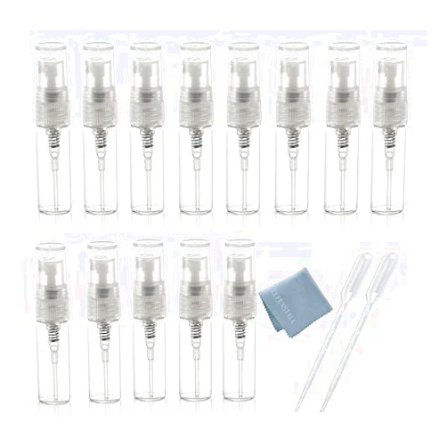 Elfenstall Elfenstal- 10pcs Mini Clear 3ml 1/6OZ Atomizer Fine Mist Empty Glass Bottle Spray Refillable Fragrance Perfume Scent Sample Bottle 1pc Clean Cloth for Travel Party Makeup Tool 2pcs Free 3ml Pipette