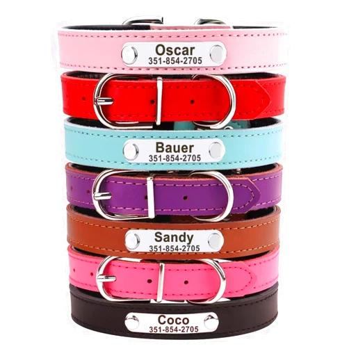KINYABLUE Personalized Dog Collars, Soft & Durable Leather Dog Collar, Custom Dog Collar with Name Plate, Lightweight Adjustable Hot Pink Dog Collar for Puppies & Cats, XS(7-10