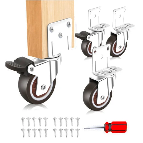 AKOSONE Side Mount Casters, 1.5 inch Casters Set of 4 with Brake, L-Shape TPR Plate Small Wheels for Furniture, Cabinet Casters, Table Caster Wheels, Loading Capacity 300 Lbs