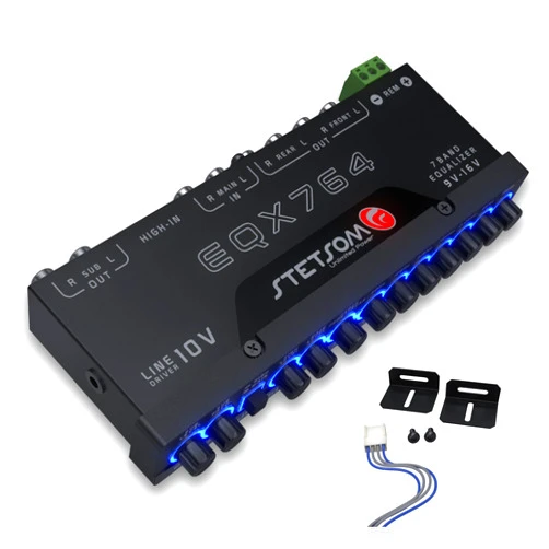 Stetsom EQX764 7 Band Equalizer, Pre-Amp Car Audio Graphic Equalizer with 4 Inputs (RCA & High) 6 Outputs, 10v Line Driver to Avoid Noise and Dedicated Sub Controls (Level & Frequency)