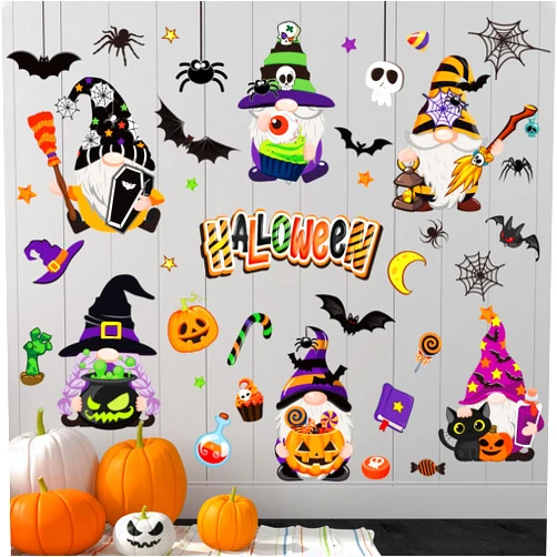Whaline Halloween Gnome Wall Decor Gnome Bat Spider Pumpkin Wall Stickers Cute Removable DIY Wall Art Stickers for Halloween Home Classroom Birthday Party Decoration, 11.8 x 13.8 Inch, 6 Sheets