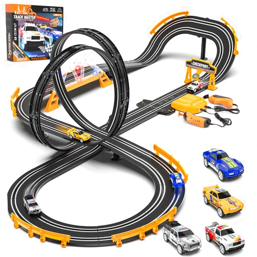 Kmuxilal Slot Car Race Track Sets with 4 Slot Cars, Electric Race Car Track Include Slope Circular Overpass Track, Dual Racing Game Featuring Flash Bridge and Pendulum, Gifts Toys for Boys Kids Age 6 7 8-12