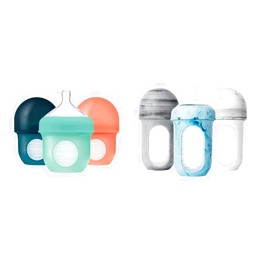 Boon Nursh Reusable Silicone Baby Bottles with Collapsible Pouch - Stage 1 Slow & Stage 2 Medium Flow - Mint & Tie Dye - 3 Count Each