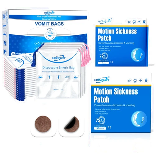 Hionfurt 32 Count Motion Sickness Patches & 26 Pcs Emesis Bags Disposable-Turns Vomit into Gel