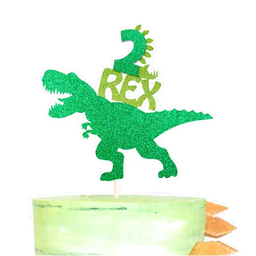 YCTHUNFISH 1 Pack Dinosaur 2nd Rex Happy Birthday Cake Topper Glitter T-Rex Second Cake Pick Baby Shower 2nd Birthday Dinosaur Theme Party Cake Decorations Supplies Green