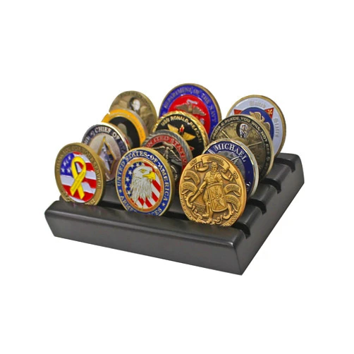 DisplayGifts Challenge Coin Display Stand Wooden Holder Rack Case Holds 12 Military Challenge Coins, Black