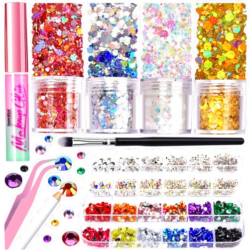 Teenitor Body Glitter with Skin Glue Set, 4 Bottle Face Glitter Makeup & 2 Box Face Gems for Women, Iridescent White Body Glitter Face Glue for Rhinestones for Makeup, Nail Gems with Wax Pencil