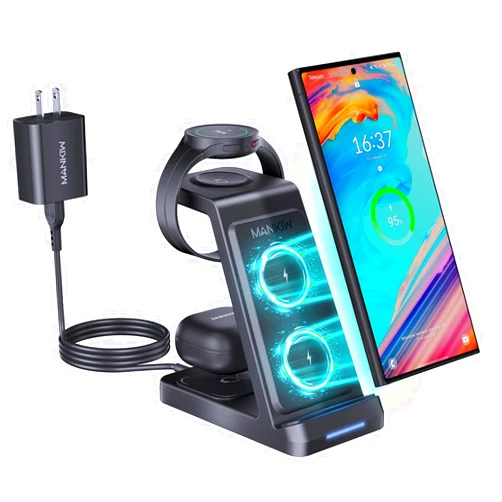 MANKIW 3 in 1 Wireless Charging Station for Samsung,Fast Phone Charger Station for Samsung Galaxy S24 S23 S22 S20 Ultra Z Flip Fold 5/4/3Galaxy Watch 6/5/4/3Buds, Black